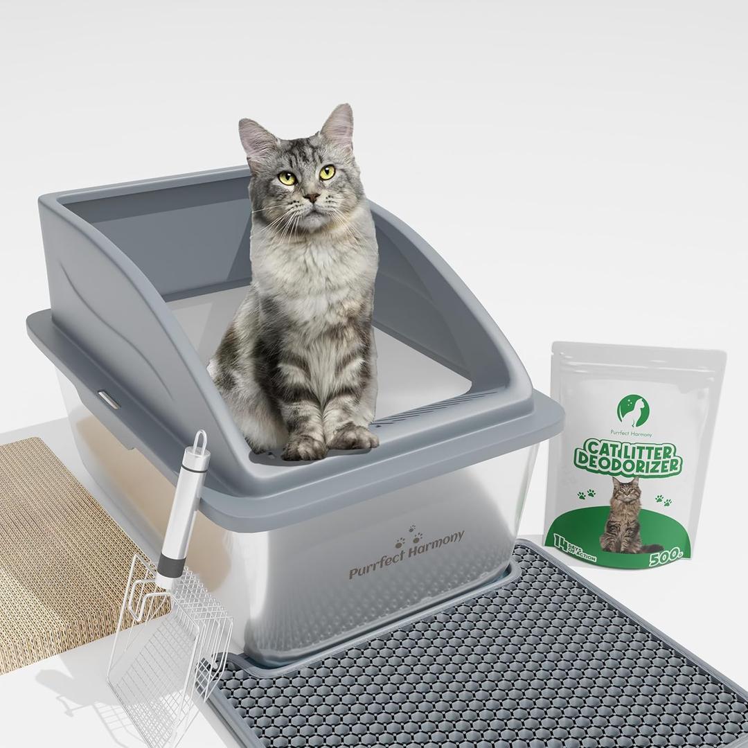 Extra Large Stainless Steel Cat Litter Box with Lid, Scoop, Mat, Deodorizer & Bonus Scratching Post - Durable Metal Litter Box for XL/XXL Cats, Odor Control, Easy to Clean