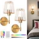 Battery Operated Crystal Wall Sconces Set of 2, Wireless Wall Lamp with RGB Rechargeable Dimmable Bulbs, Modern Wall Sconce with Remote for Bedroom, Living Room, Bulbs Included(Gold)