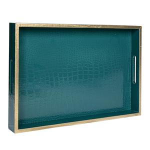 MAONAME Faux Leather Tray, Rectangular Serving Tray with Handles, Green Decorative Trays for Coffee Table, Shagreen Ottoman Trays for Living Room, Office, 17" x 12"