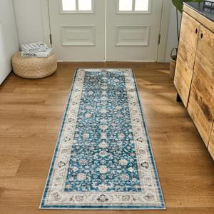 WITSHOCK 2x5 Runner Rugs for Hallway Bathroom: Machine Washable Non Slip Vintage Carpet - Low Pile Lightweight Print Rug for Kitchen Laundry Room Bedroom Beside Rug - Pet & Kids Friendly (Blue/Cream White/Light Ivory)