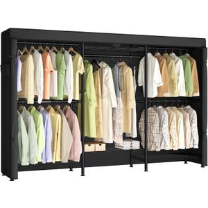 SONGMICS Heavy-Duty Rolling Clothes Rack, Garment Rack, Portable Closet on Wheels, with Adjustable Mesh Shelves and Hanging Rails, Fabric Cover, 15.8 x 86.4 x 76 Inches, Ink Black ULGR437BH01