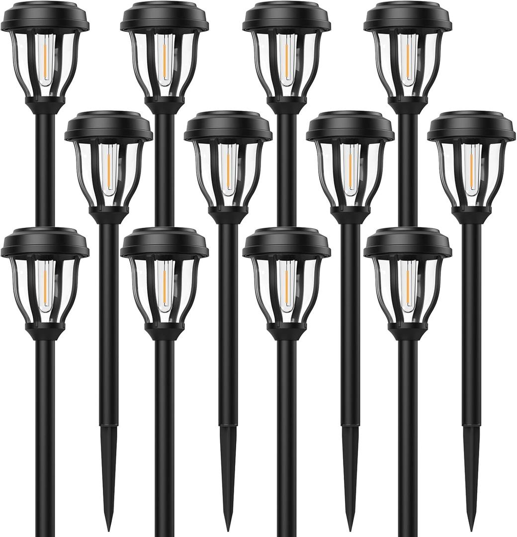 DERAYSION 12 Pack Solar Lights Outdoor, Solar Pathway Lights Auto On/Off Waterproof Garden Landscape Lighting for Path, Yard, Walkway, Driveway, Cold White