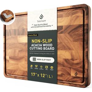End Grain Cutting Board for Kitchen with Non-slip Feet, Acacia Wood Heavy Duty Checkered Cutting Board Upgraded Chopping Board with Juice Groove & Handle Large Wooden Butcher Block with Gift Box