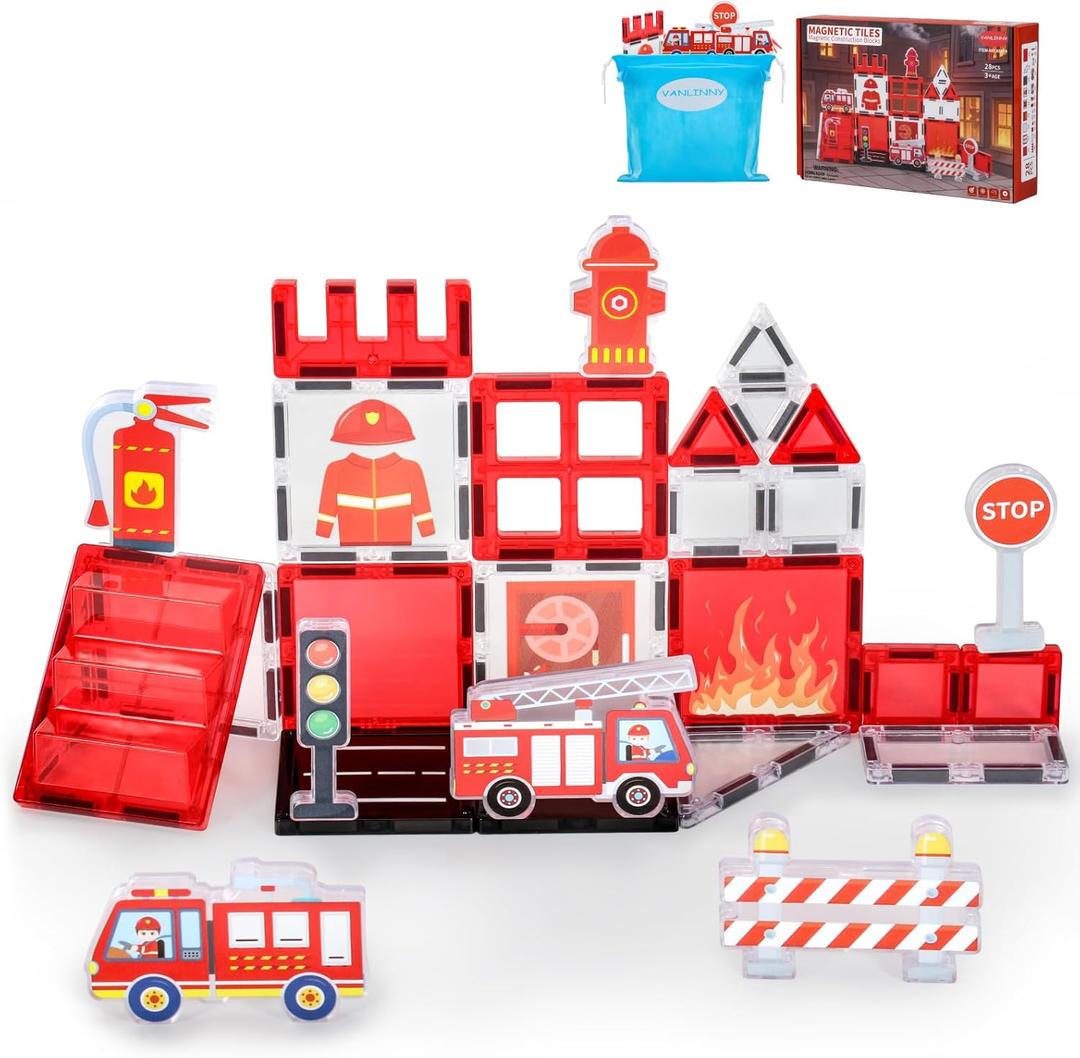 Magnetic Tiles, Firetruck Toys 3-5 Years Old, Fire Trucks for Toddlers 3-5, Magnetic Building Blocks for Kids, STEM Educational Construction Toys for Toddlers, Xmas Birthday Gifts for Boys and Girls