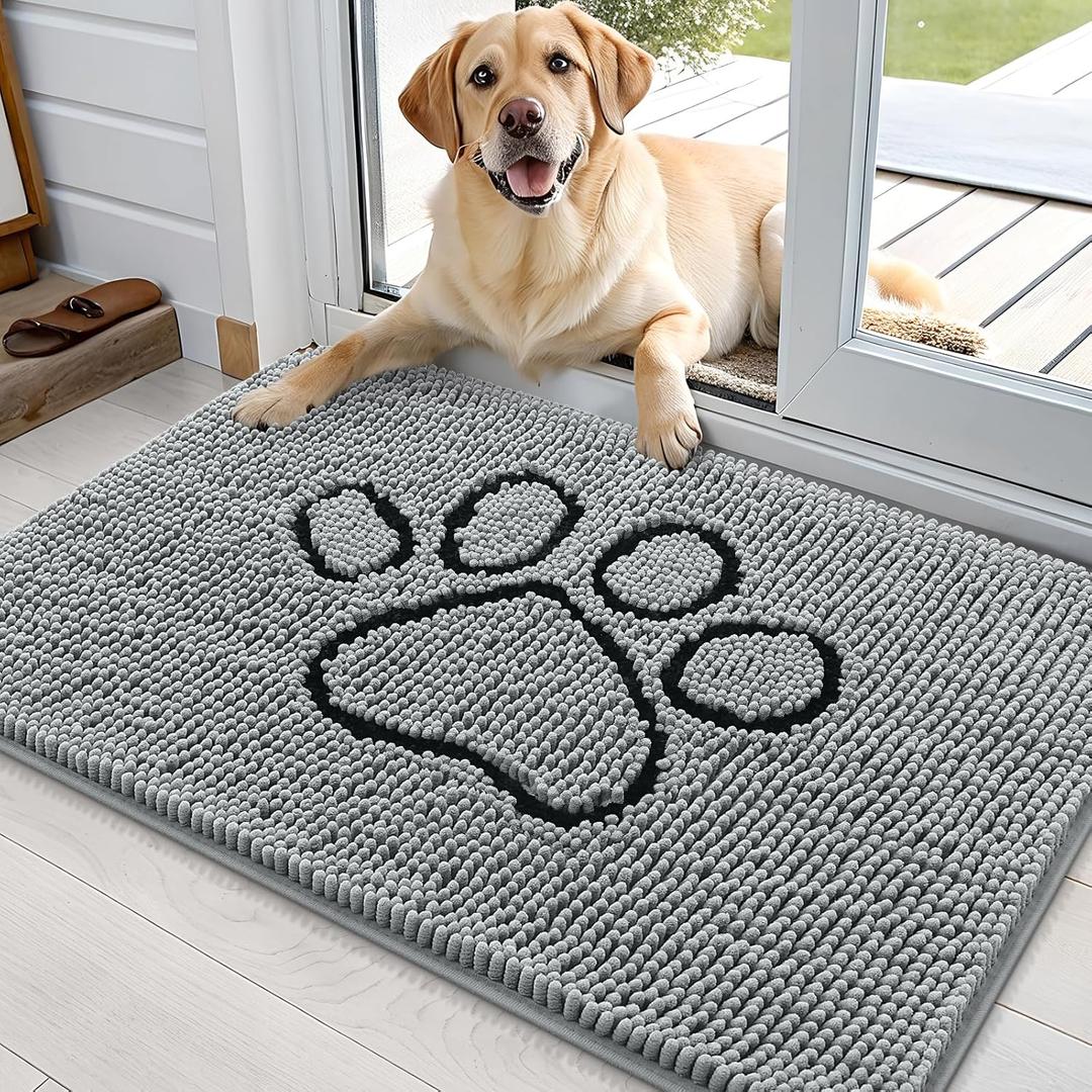 OLANLY Dog Door Mat for Muddy Paws 35x24, Paw Print Design, Absorbs Moisture and Dirt, Absorbent Non-Slip Washable Doormat, Quick Dry Chenille Mud Mat for Dogs, Entry Indoor Entryway Carpet, Grey