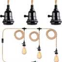 Yilliaw 27FT 3 Light Plug in Pendant Lights with Switch & Hemp Rope, Industrial Hanging Light Kit Pendant Light Cord with E26 Socket, DIY Lamp Cord Fixture for Farmhouse Bedroom Living Room Decor