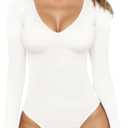 MANGOPOP Women's Long Sleeve Short Sleeve Bodysuit Sexy V Neck Body Suits Fitted Fall Going Out Tops, Medium 