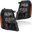 Headlight Assembly, Headlights Kit Compatible with 2007-2014 Cadillac Escalade/2007-2014 Escalade ESV/2007-2013 Escalade EXT Replacement Headlamp Black Housing Amber Reflector