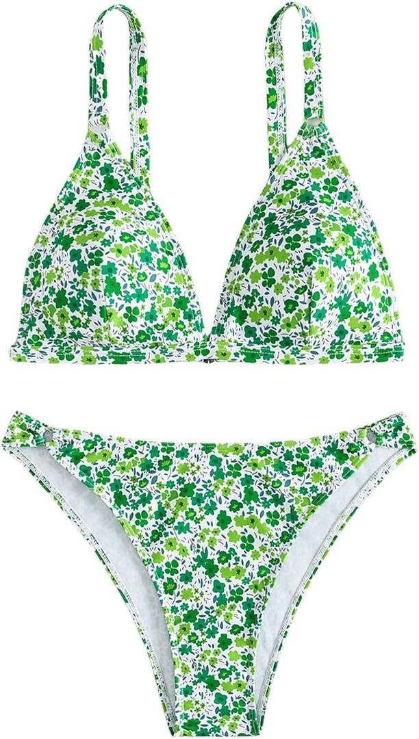 SOLY HUX Women's Floral Print Spaghetti Strap Bikini Bathing Suit 2 Piece Swimsuits (Small, Green Floral)