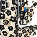 Petitian for iPhone 17 Case with Wallet - Women Girls Cute Girly Aesthetic Unique Design Leather Credit Card Holder Cardholder 360 Rotatable Ring Stand for iPhone 17, Black Flower