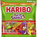 HARIBO Gummi Candy, Twin Snakes Sweet & Sour Gummy Candy, 8.3 Ounce Resealable Share Size Stand Up Bag, Soft & Chewy Snacks, Assorted Fruity Flavors, Pack 4