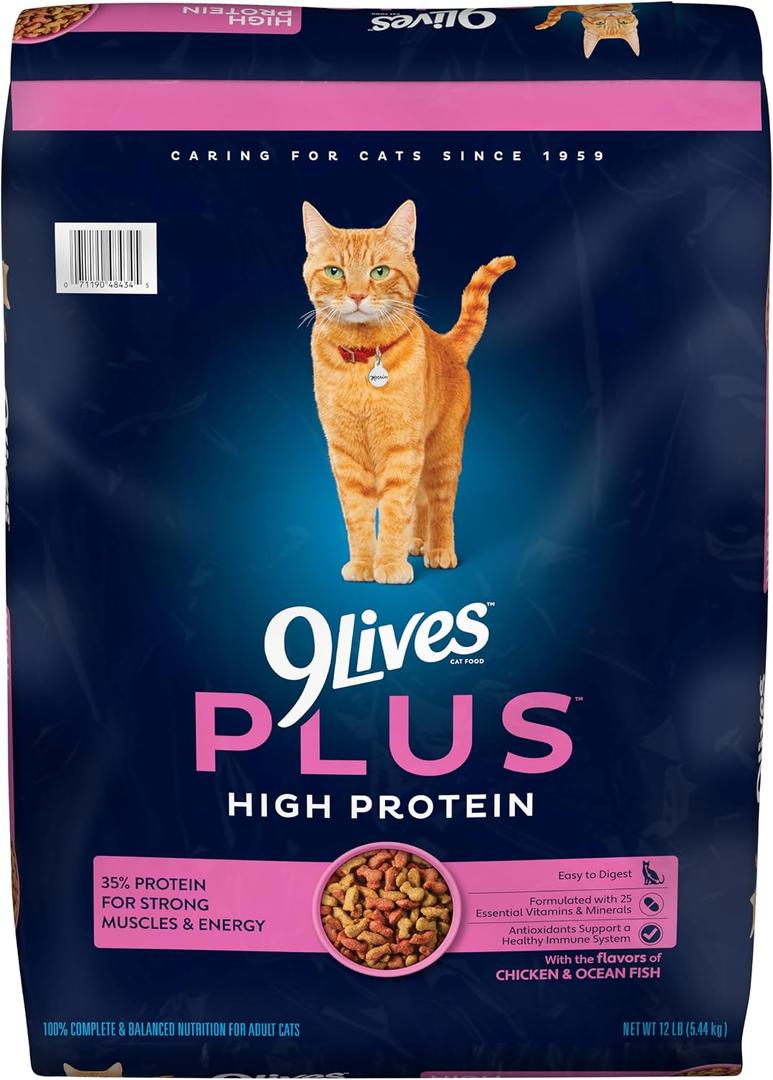 9Lives Plus High Protein Dry Cat Food, Chicken & Fish Flavors, 12 lb. Bag (EXP 06/16/27)
