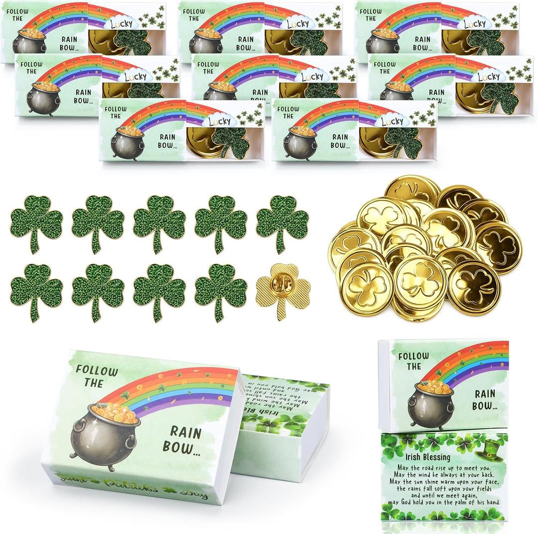 Lettry St. Patricks Day Pins Party Favor Gift Set 24 Pack, Shamrock Pins & Gold Coins with Rainbow Surprise Boxes, Irish Blessing Handouts for Classroom Office Events