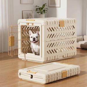 Collapsible Dog Crate for Small/Medium Dogs - 28" L Foldable Dog Cage No-Tool Assembly, Travel Dog Crate with 2 Wheels - Easy to Carry, Space-Saving, Indoor Outdoor Use, Cream, 28L*18.3W*20.9H