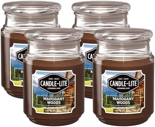 Candle-lite Scented Candles, Mahogany Woods Fragrance, One 18 oz. Single-Wick Aromatherapy Candle with 110 Hours of Burn Time, Brown Color (Pack of 4)