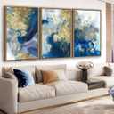 Large Abstract Framed Wall Art - Natural Float Framed Colorful Canvas Pictures Decor Blue Gold White Background Modern Artwork for Bedroom Living Room Kitchen Home Office Decoration 60" X 28" Set of 3