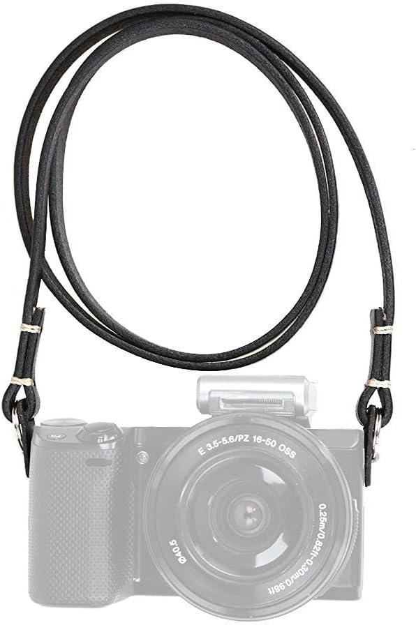 Genuine Slim Leather Camera Neck Shoulder Strap compatible with Fujifilm Sony Olympus Lecia, Vintage Leather Camera Strap (Black Color)