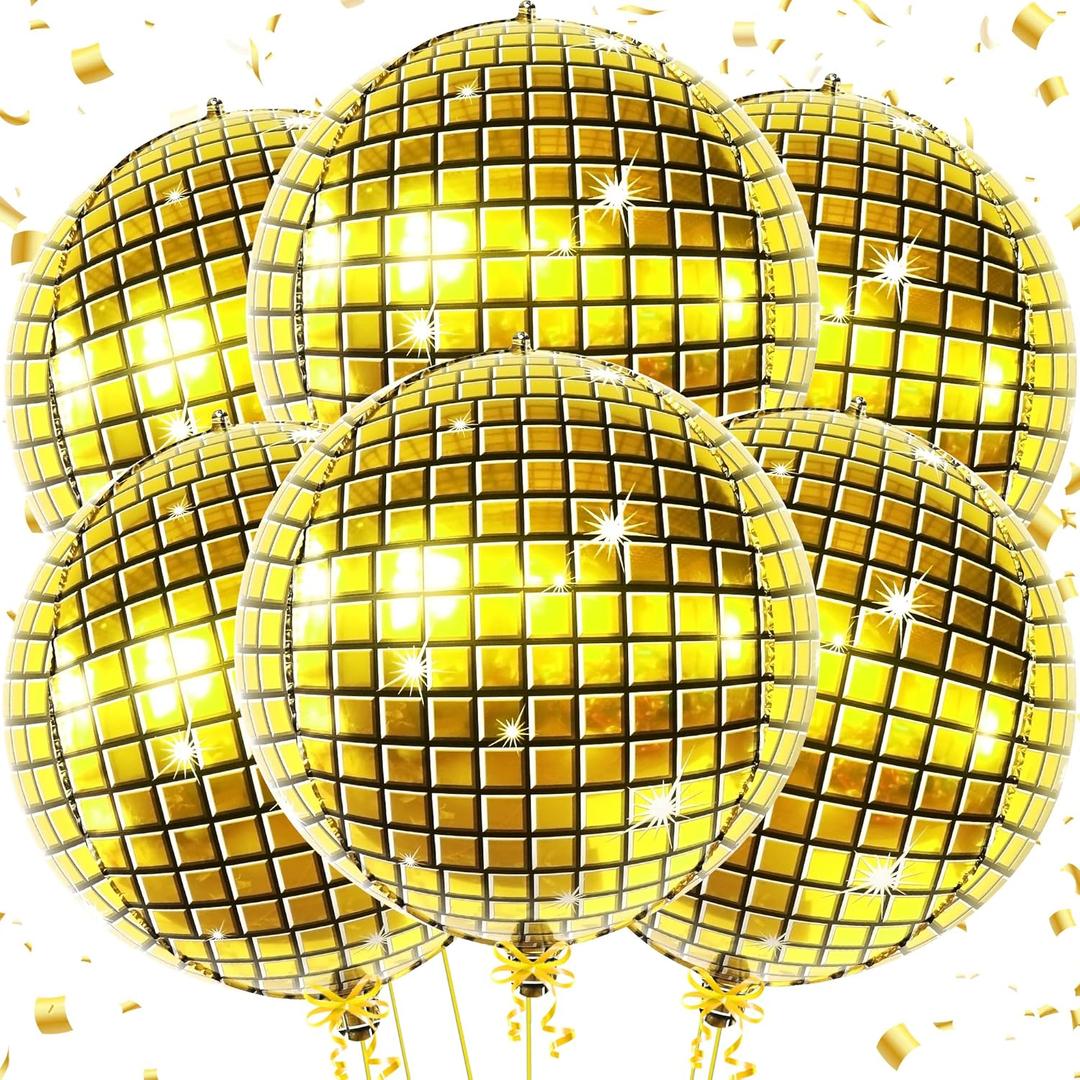 KatchOn, Huge Gold Disco Ball Balloons - 22 Inch Pack of 6 | 4D Disco Balloon for New Years Decorations 2026, Gold Party Decorations | Disco Ball Decoration