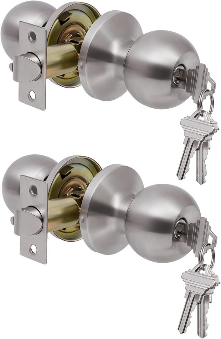 Lanwandeng 2 Pack Door Knobs with Lock and Key,All Keyed Same Entry Door Knob, Exterior and Interior Door Lock, Door Handle Satin Nickel