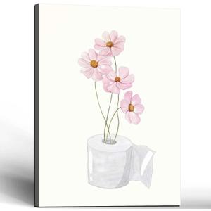 Framed Bathroom Canvas Wall Art Pink Floral and toilet paper 16x24 Decor, 16x24in