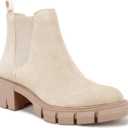 Juliet Holy Womens Lug Sole Platform Ankle Booties Chelsea Slip on Chunky Block Heel Leather Combat Boots (Beige)