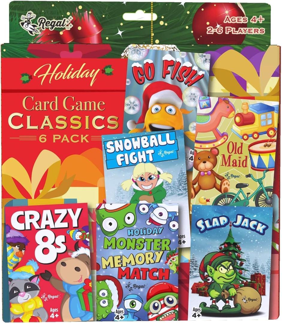Regal Games Card Games for Kids - Go Fish, Crazy 8's, Old Maid, Slap Jack, Monster Memory Match, Snowball Fight - Holiday-Themed, Simple & Fun Classic Family Table Games  (6 Set)