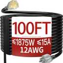 100 FT 12 Gauge Extension Cord Outdoor, Heavy Duty Weatherproof & Flame Retardant Black 3 Prong Power Cord with Light, Outside for Lawn & Garden, 15 Amps 1875 Watts 125 VAC 12AWG SJTW, ETL Listed