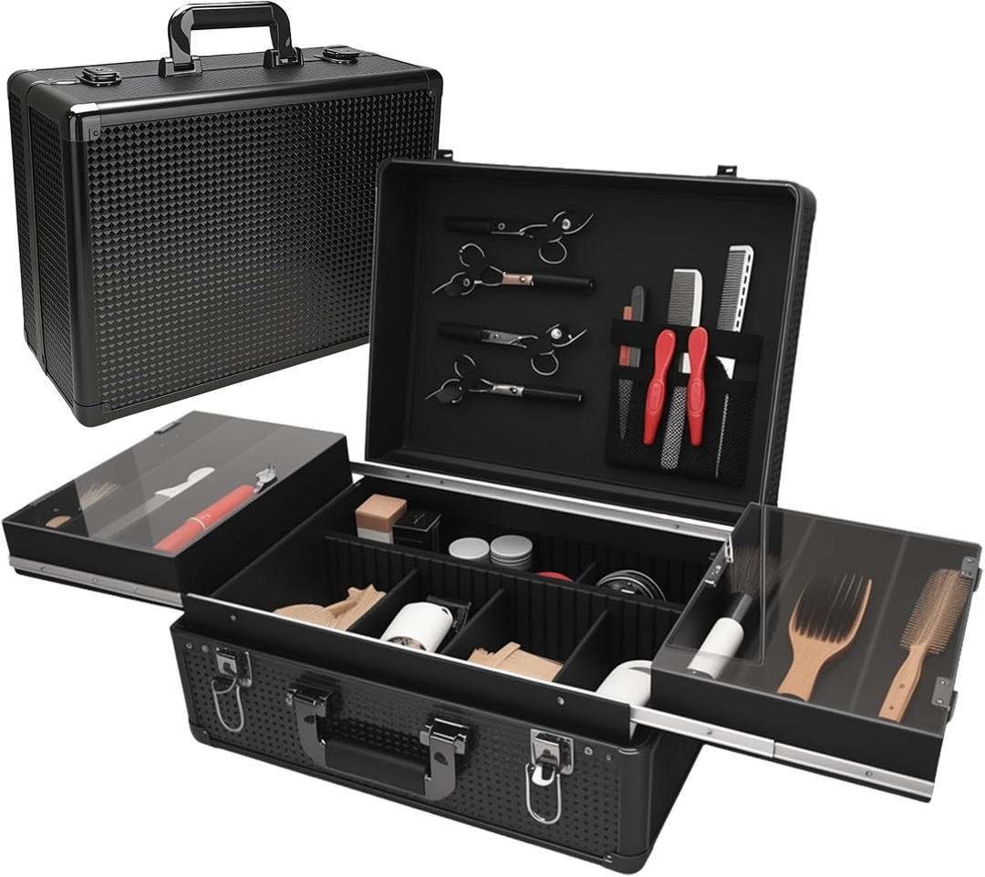 Barber Cases for Clippers and Supplies With Sliding Tray, Profesional Barber Travel Case, Travel Case Suitable for hairdressers, Makeup Artists,Barber Carrying Case with LockBlack