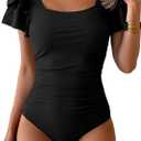 Eomenie Women's Tummy Control One Piece Swimsuit Ruffle Square Neck Bathing Suit Ruched Cutout Back Slimming Swimwear (Large, Black)