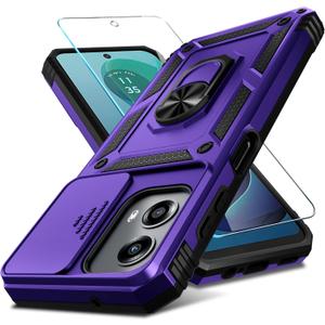 Janmitta Compatible with Moto G 5G 2024 Case Built in Slide Camera Lens Cover+Screen Protector+Finger Ring Holder Kickstand,Heavy Duty Shockproof Full Body Protective Phone Cover,Purple