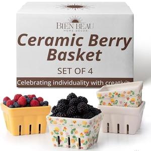 Ceramic Berry Basket, Farmhouse Colander, Farmers Market square Bowl. Rustic Kitchen decor fruit bowls, Fruit Baskets, Yellow, White and floral pattern Stoneware Harvest Bowls Set of 3
