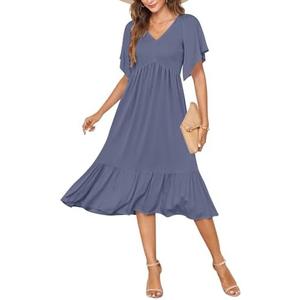 AUSELILY Women's Summer Empire Waist Dress Smocked Flutter Short Sleeve V Neck Midi Dresses 2025 Purple Grey XL