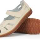 Women 's Classic Genuine Leather Casual Flat Sandal Closed Toe Fisherman Sandals Comfy Work Sandal Everyday Walking Shoe (5.5, Beige)