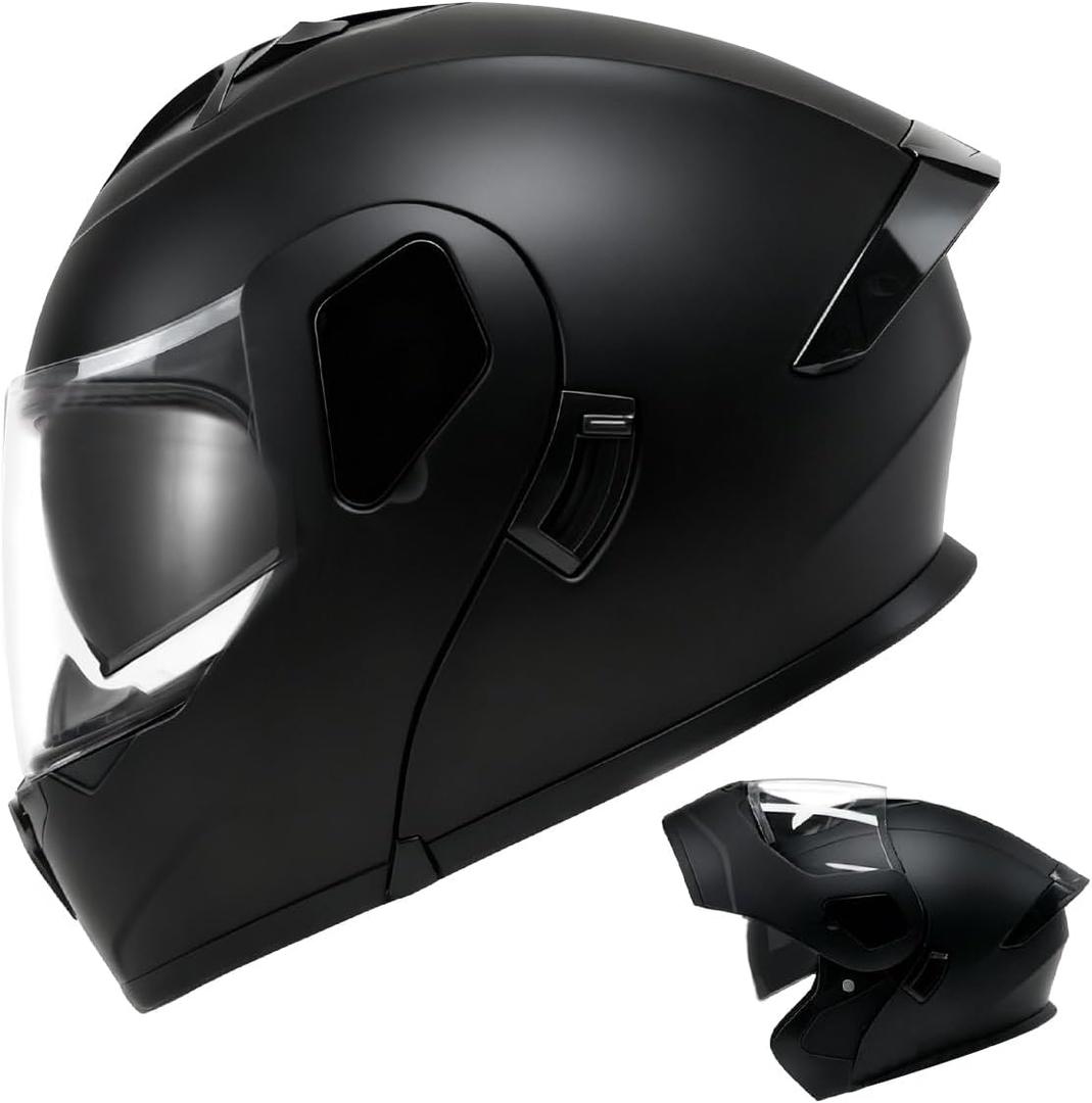 Modular Motorcycle Helmet DOT Approved, Lightweight Full Face Flip Up ATV Street Dirt Bike Helmet Dual Visor Sun Shield for Adult Men Women (Matte Black, Large)