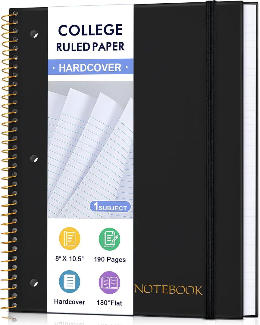 5 x MUAHLIUB Spiral Notebook College Ruled Paper 8" x 10-1/2", 1 Subject Spiral Notebook, 3-Hole Punched Perforated Pages Ideal for School, Office, Writing, 95 Sheets Lined Journaling Notebook, Black