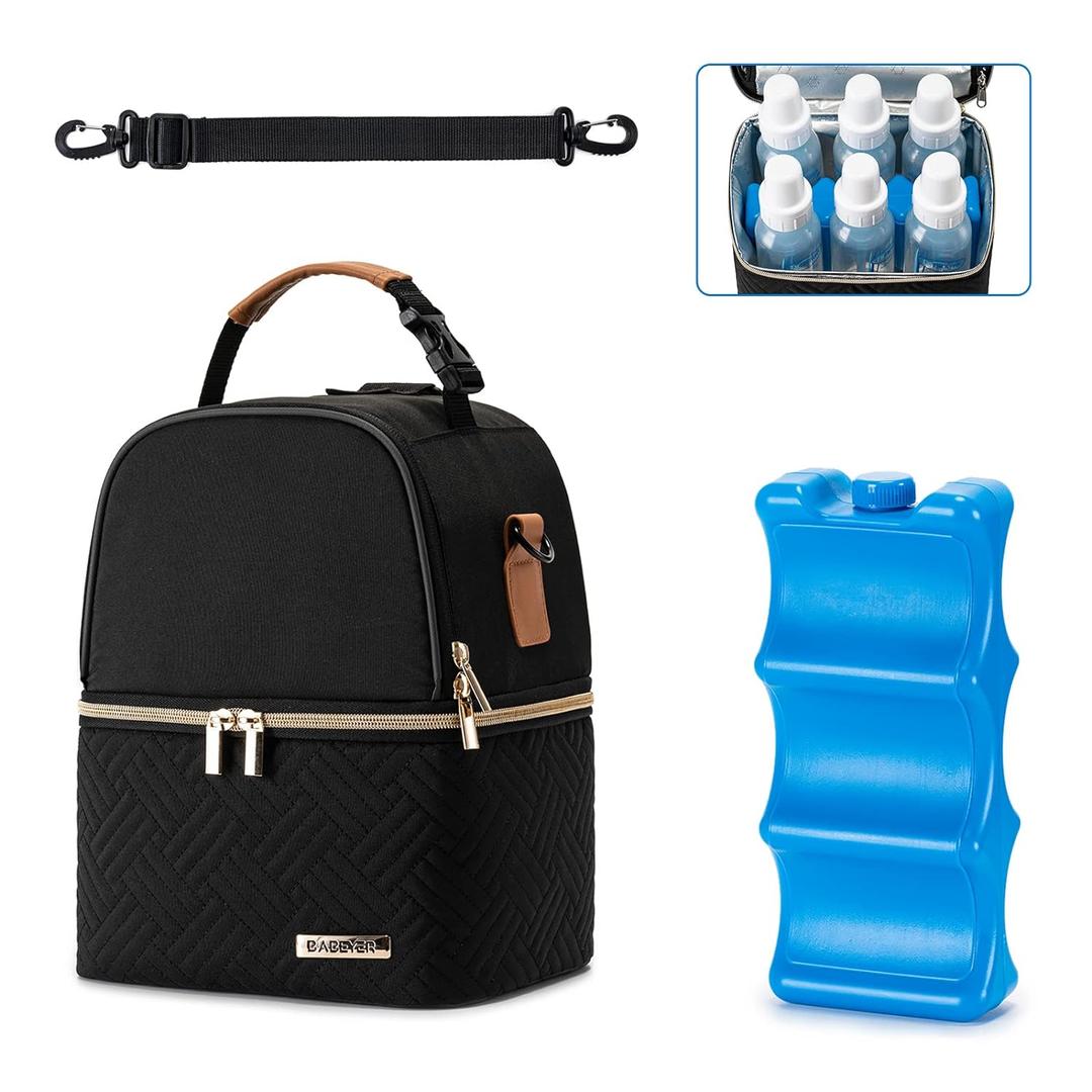 Breastmilk Cooler Bag with Ice Pack Fits 6 Baby Bottles up to 9 Ounce, Breast Milk Pump Cooler Bag with Shoulder Strap for Nursing Mom Daycare, Work, Travel- Black (Black)