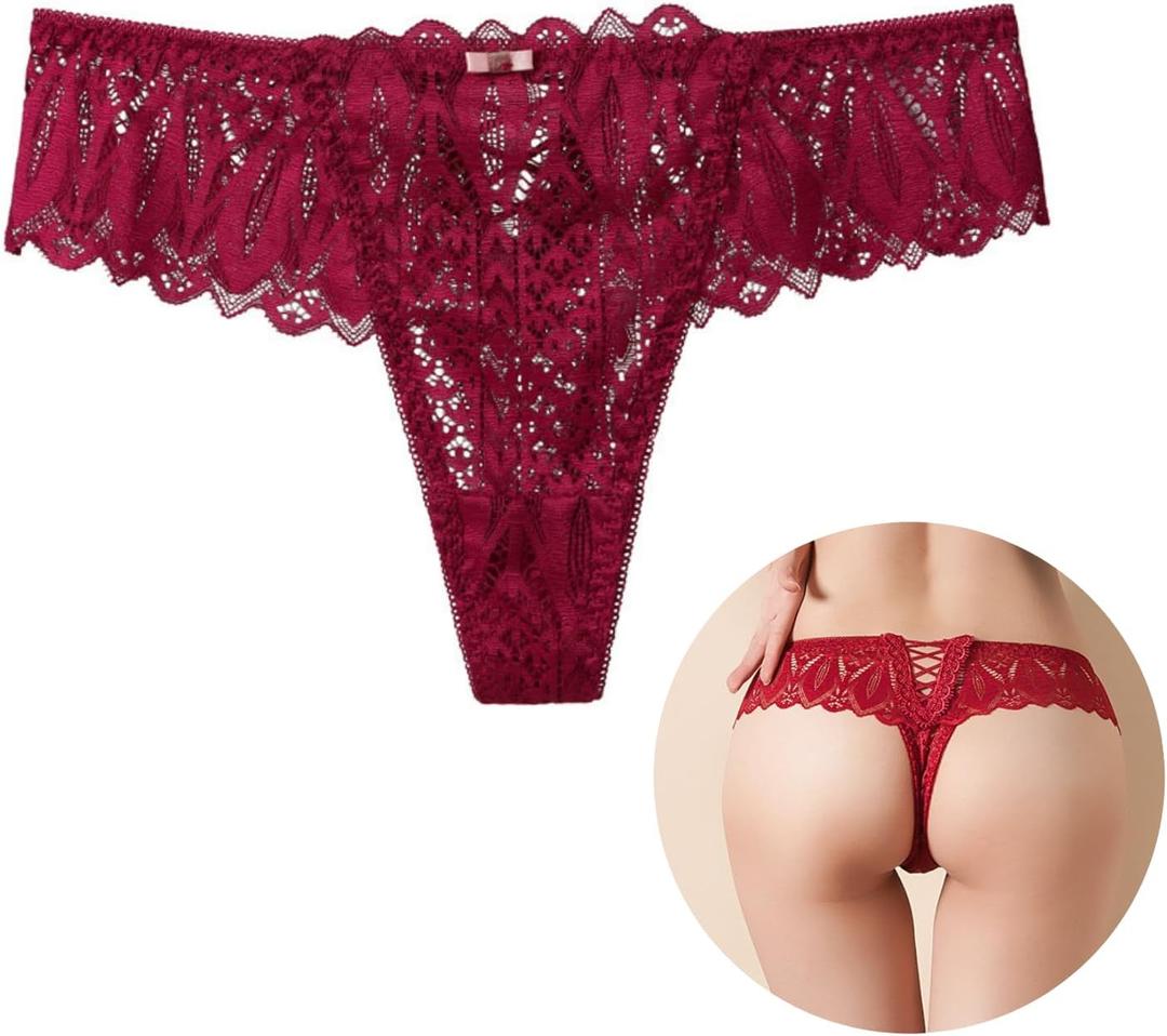 Women's Plus Size Lace Thong Floral Tanga Panties Hollow Out Bikini Sexy Criss Cross Underwear Hot Lingerie Cheeky (Large, Red)