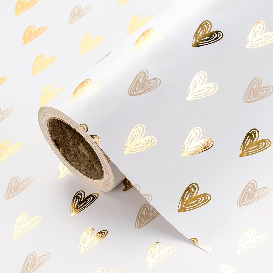 WRAPAHOLIC 30 Inch Heart Wrapping Paper Roll - 30 Inch x 16.5 Feet - Gold Foil Heart Design for Valentines Day, Wedding, Bridal Shower, Birthday, Baby Shower