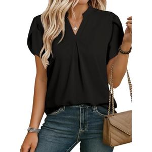 EVALESS Women's Dressy Casual Business Work Chiffon Blouses Tops Summer V Neck Cute Loose Petal Short Sleeve T-Shirts, Size: 2XL