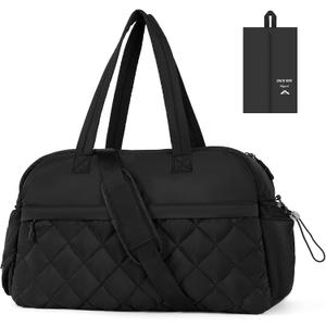 Quilted Puffer Duffle Bag for Women, Gym Bag Women, Ultra Lightweight Weekender Bags for Travel, Black TILYMOL (37L)