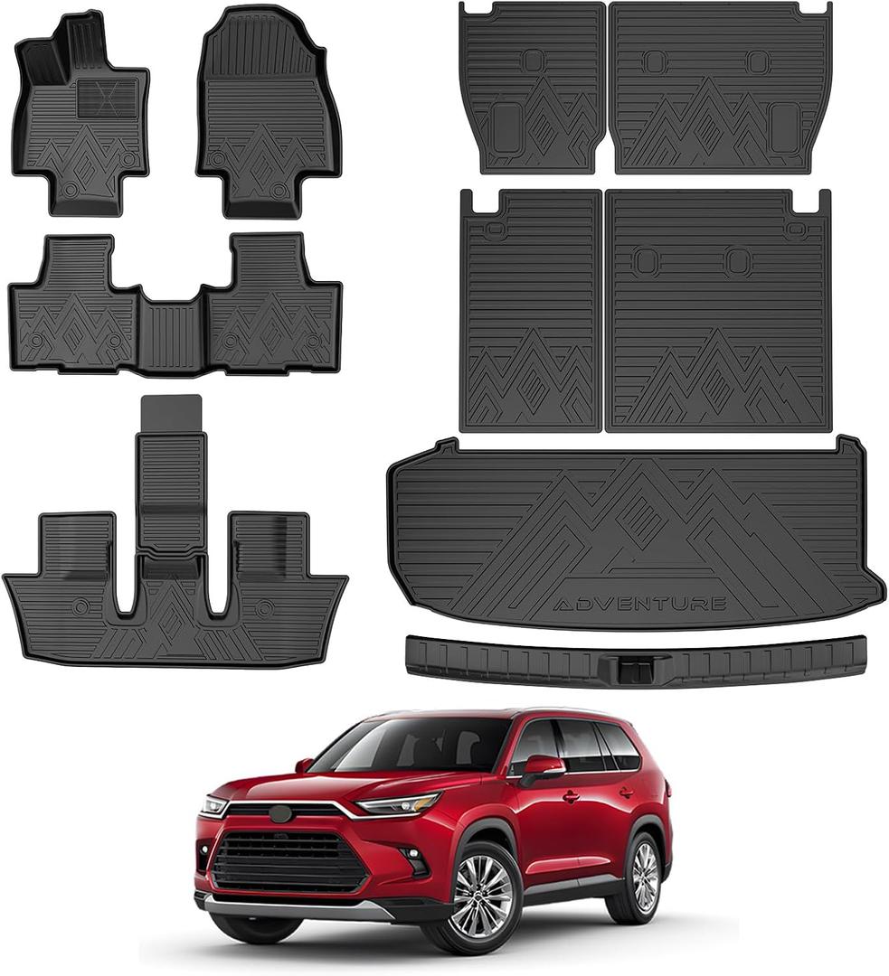 T TGBROS Floor Mats for Toyota Grand Highlander 2024-2026, 7 & 8 Passenger, All Weather Custom Fit TPE Liner Set with 1st 2nd 3rd Row Mats, Seatback Covers, Cargo Liner & Door Sill Protectors