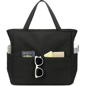Beach Pool Bags Tote for Women Ladies Large Gym Tote Carry On Bag With Wet Compartment for Weekender Travel Waterproof (Quilted Black Small Squares)