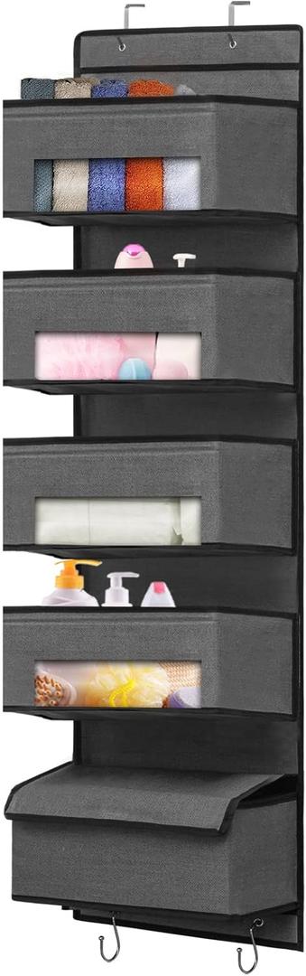 Over Door Hanging Organizer - Closet Door Storage Organizer 5 Large Pockets, Door Organizer Hanging Clear Window Pocket, 4 Metal Hooks for Baby Nursery Bedroom Pantry Bathroom, Grey