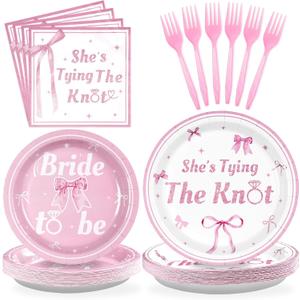 Grencian 96Pcs Pink Bow Bridal Shower Decorations Pink Bow Bride to Be Party Plates She's Tying The Knot Paper Tableware for Wedding Engagement Bride Groom Bachelorette Party Supplies, Serves 24