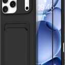 MZELQ Compatible with iPhone 17 Pro Case 2025 TPU Card Holder Wallet,Camera Protection + Screen Protector Soft Card Slot Phone Cover for Girls Women -Black