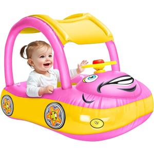 iGeeKid Inflatable Baby Pool Float with Canopy, Safty Seat for Infant Baby Swim Float Rings Car Shaped Swimming Pool Floaties for Babies Toddler Age of 18-36 Months (Pink)