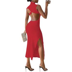 GORGLITTER Women's Backless Maxi Dress Evening Gowns Formal Elegant Classy Cocktail Club Open Back Going Out Sun Dress (Red,Small)