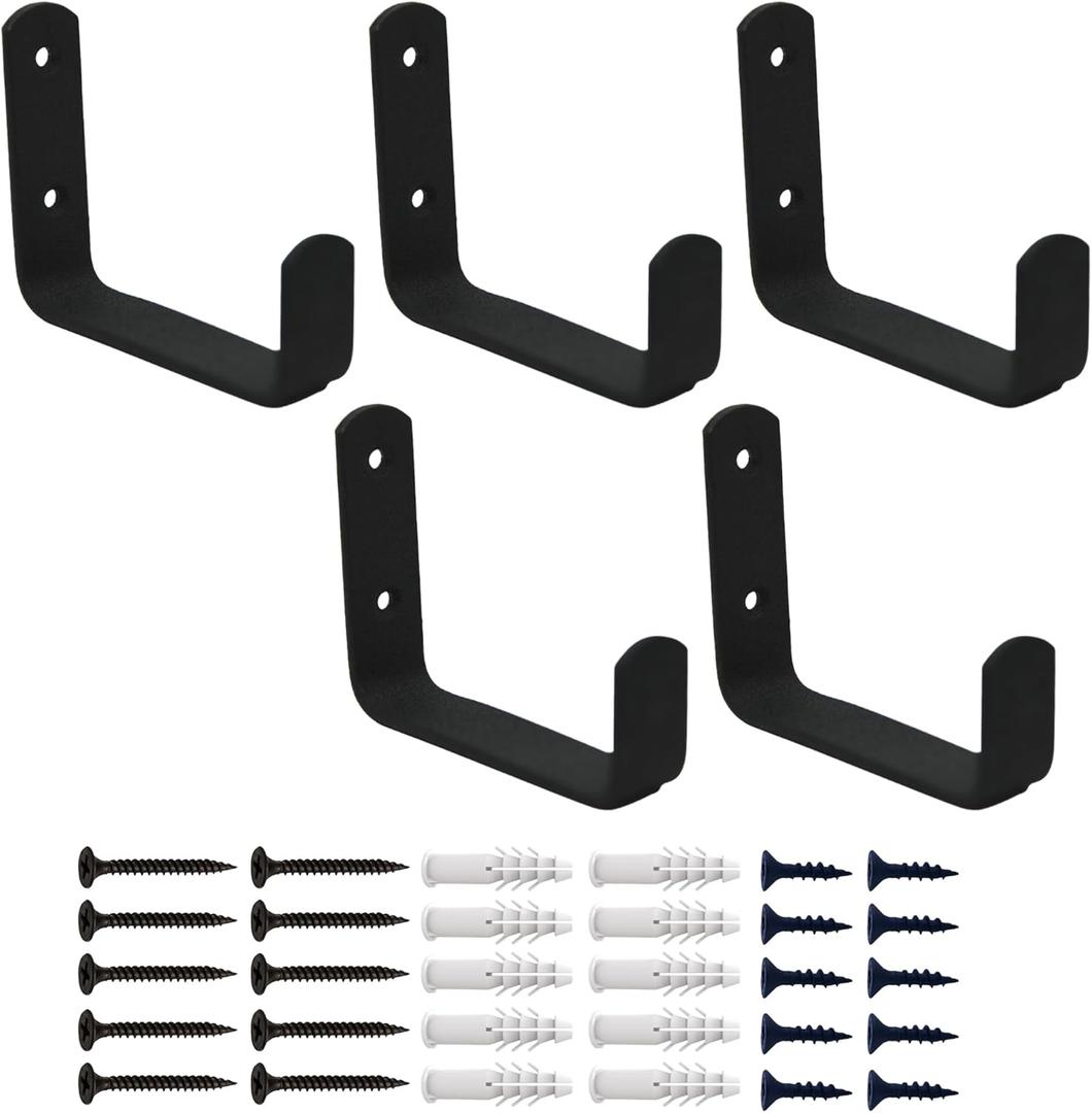 YAPIKAN 5-Pack Steel Garage Hooks Wall Mount Heavy Duty - Large Wall Hooks for Hanging Ladder Extension Cord Tool Cable Bicycle Garden Tools - Texture Matte Black - Hardware Included (Classic Wide Single)