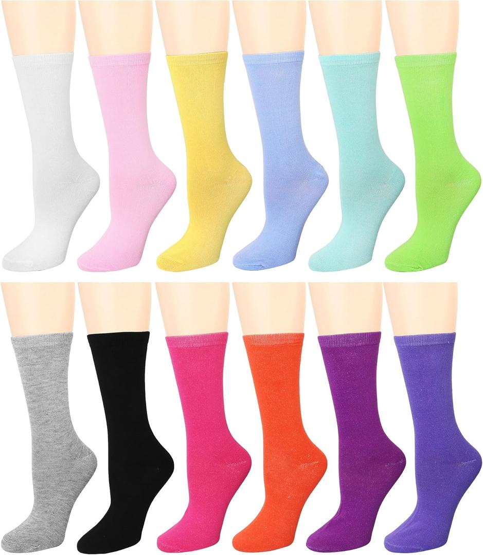 Falari 12 Pairs Women's Cotton Crew Socks Assorted Colors, Size: One Size