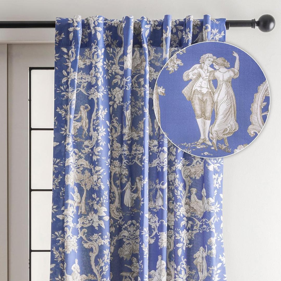 Maison d' Hermine Curtains for Living Room 100% Cotton 96 inch Length One Panel Light Filtering Toile Curtains for Bedroom Windows with Rod and Loop Pockets Drapes (Joli Jouy Blue, 50" W x 96" L)